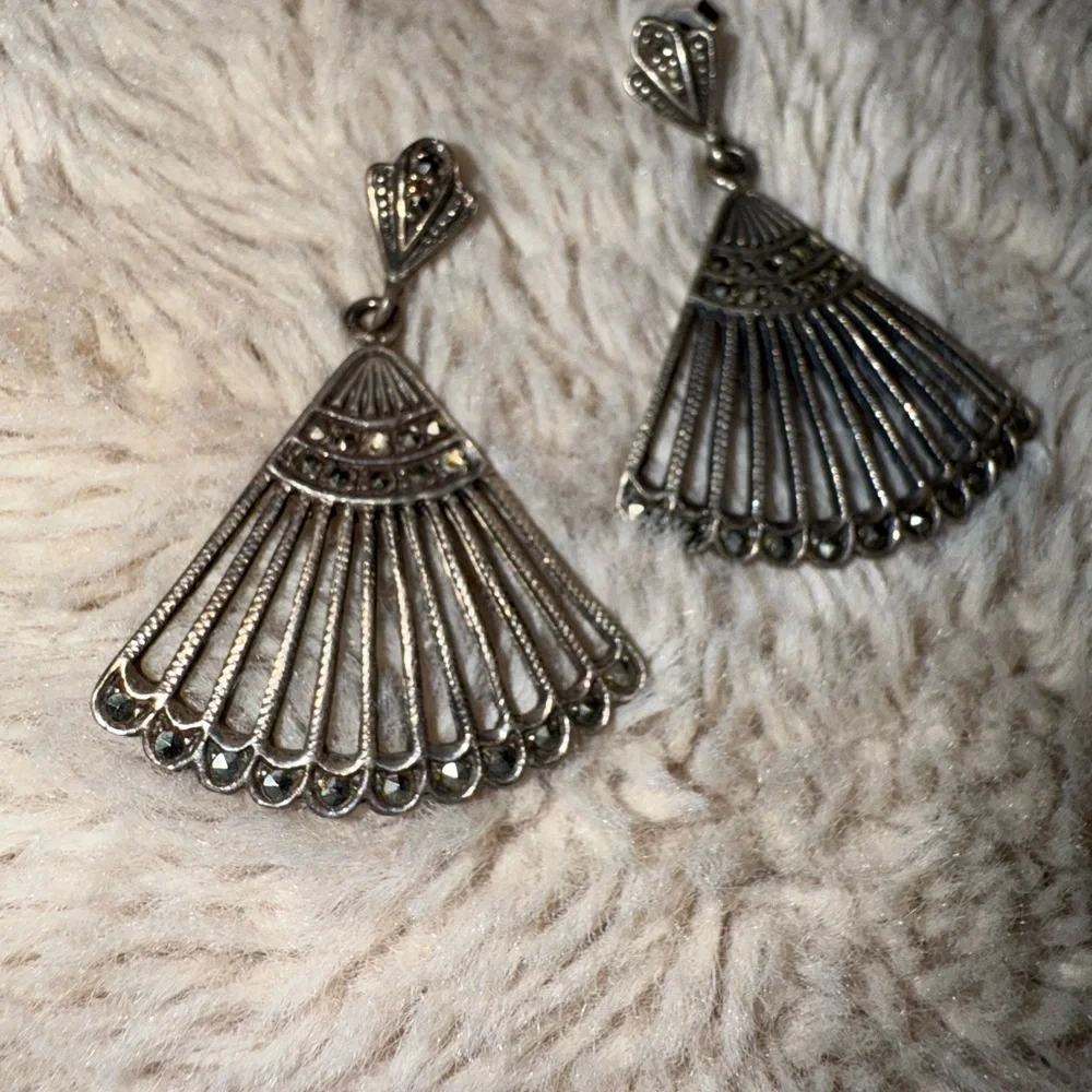 Sterling‎ Silver Marcasite Fan Earrings 925 Dangle Pierced Ears
